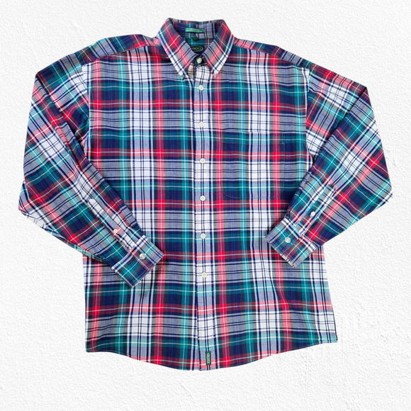 90s Vintage IZOD Teal Red Plaid Preppy Relaxed Fit Button-Down Shirt Size Large - Picture 1 of 8